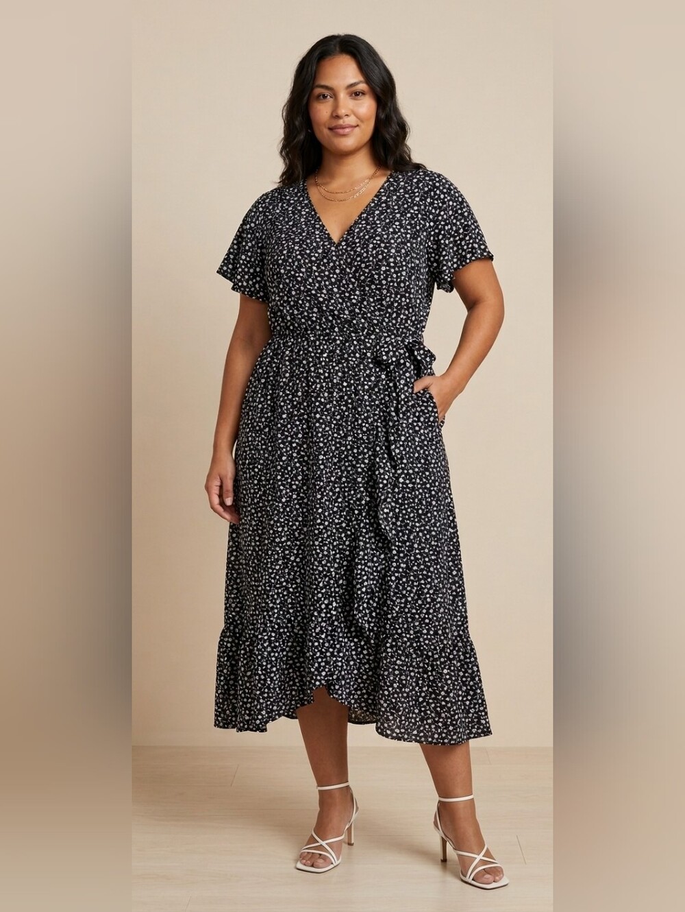 BloomChic Black Floral Faux Wrap Ruffle Midi Dress with Pockets Size 14/16